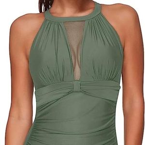 Olive Green One Piece Swimsuit High Neck Plunge Mesh Ruched Monokini